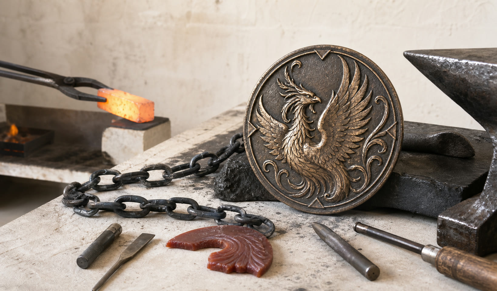 Bronze phoenix relief, forged chain, engraving tools and a safely handled hot workpiece on a light workshop bench