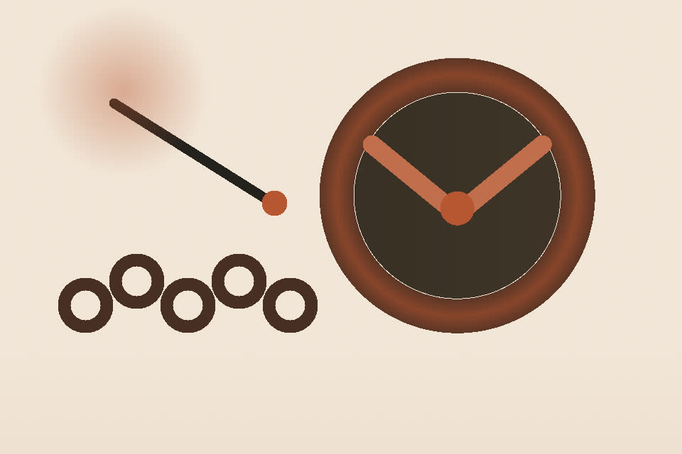 Original editorial illustration of a metal emblem, hand tool and linked forms